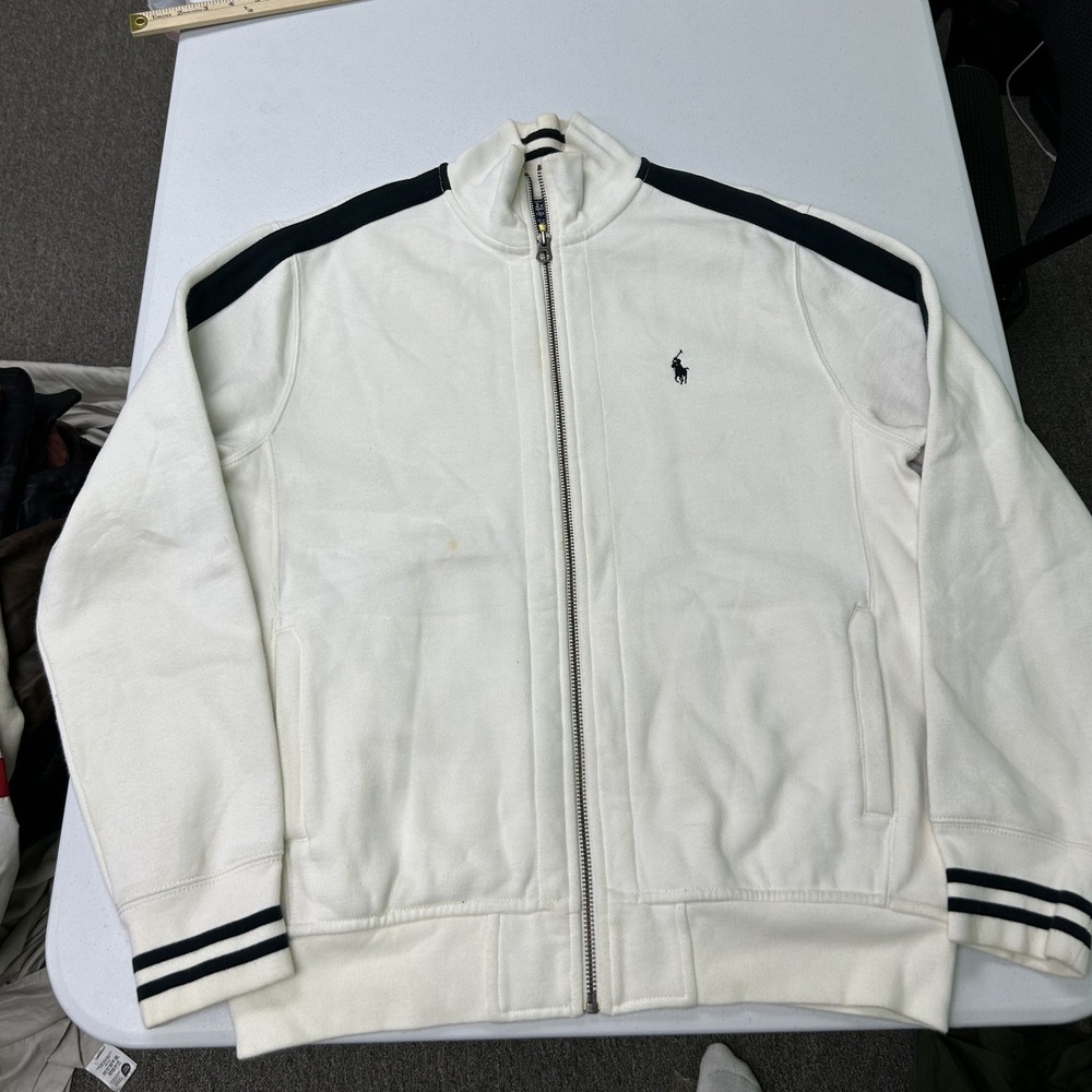 Polo Ralph Lauren Track Jacket Mens L White Navy Stripe Full Zip Mock Neck